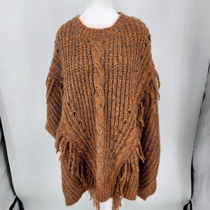 Anthropologie Bronze Fringe Chunky Cable Knit Poncho Sweater One Size NEW